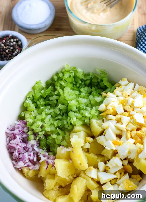 This image shows the process of making gluten free potato salad.