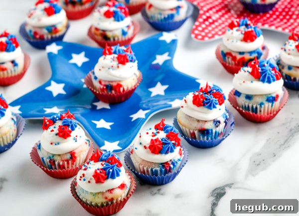 Ingredients laid out for Gluten-Free Mini Patriotic Cupcakes, including cake mix, eggs, buttermilk, oil, and sprinkles.