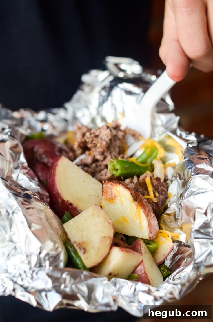 Campfire Hobo Dinner Foil Packets with beef and potatoes
