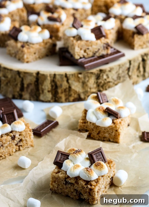 Freshly made S'mores Rice Krispie Treats cut into squares