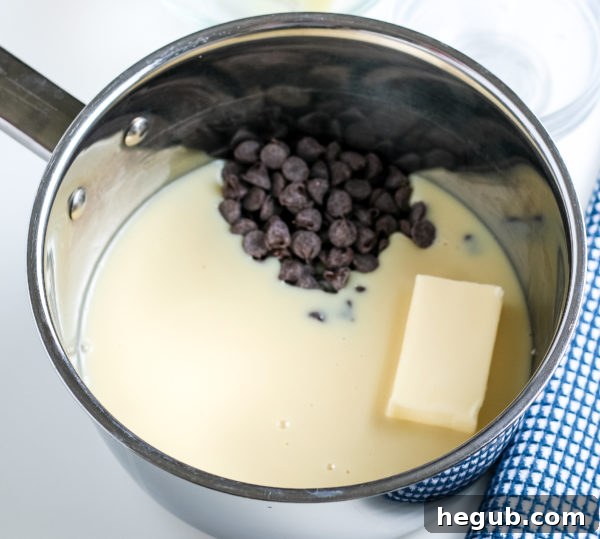 Ingredients for Hot Fudge Sauce: chocolate chips, sweetened condensed milk, unsalted butter