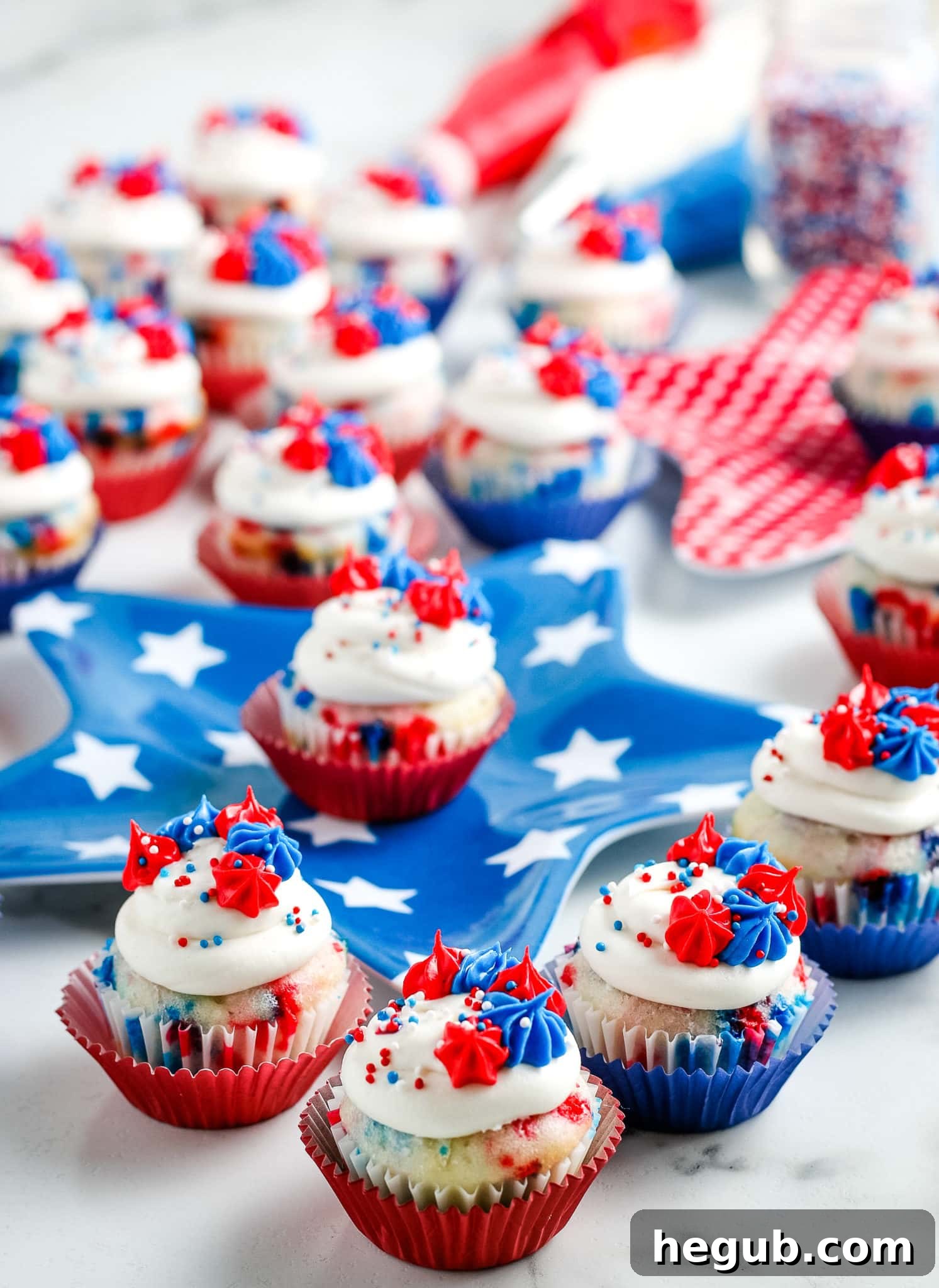Mini Red, White, and Blue Cupcakes for a 4th of July celebration