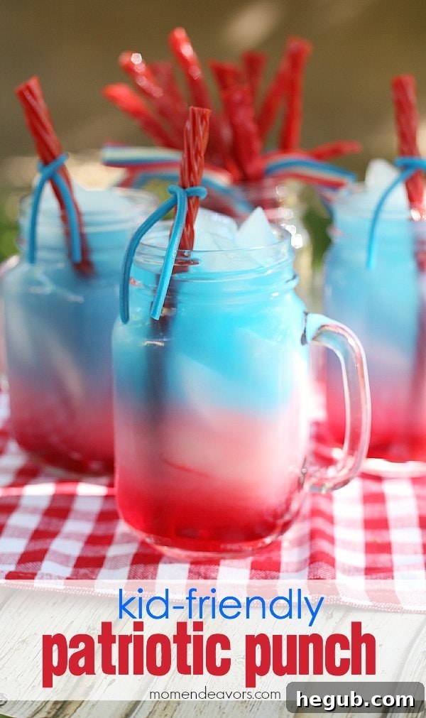 Glasses of Kid-Friendly Patriotic Punch layered with red, white, and blue beverages