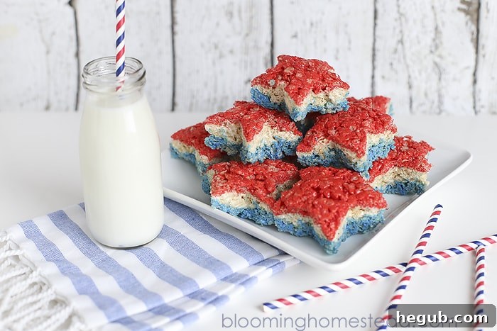 Patriotic Rice Krispie Treats with distinct red, white, and blue layers