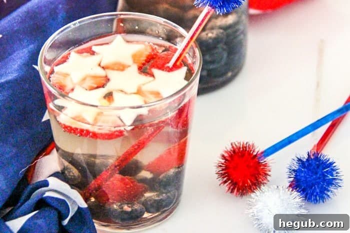 Glasses of Red White and Blue Sangria with fresh fruit