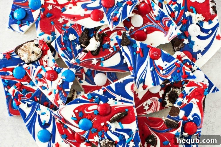 Red, White, and Blue Bark adorned with colorful candies and sprinkles