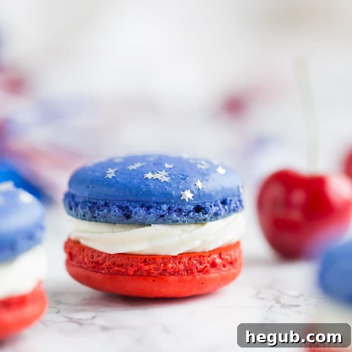 Red, White, and Blue Cherry Cheesecake Macarons, elegantly presented