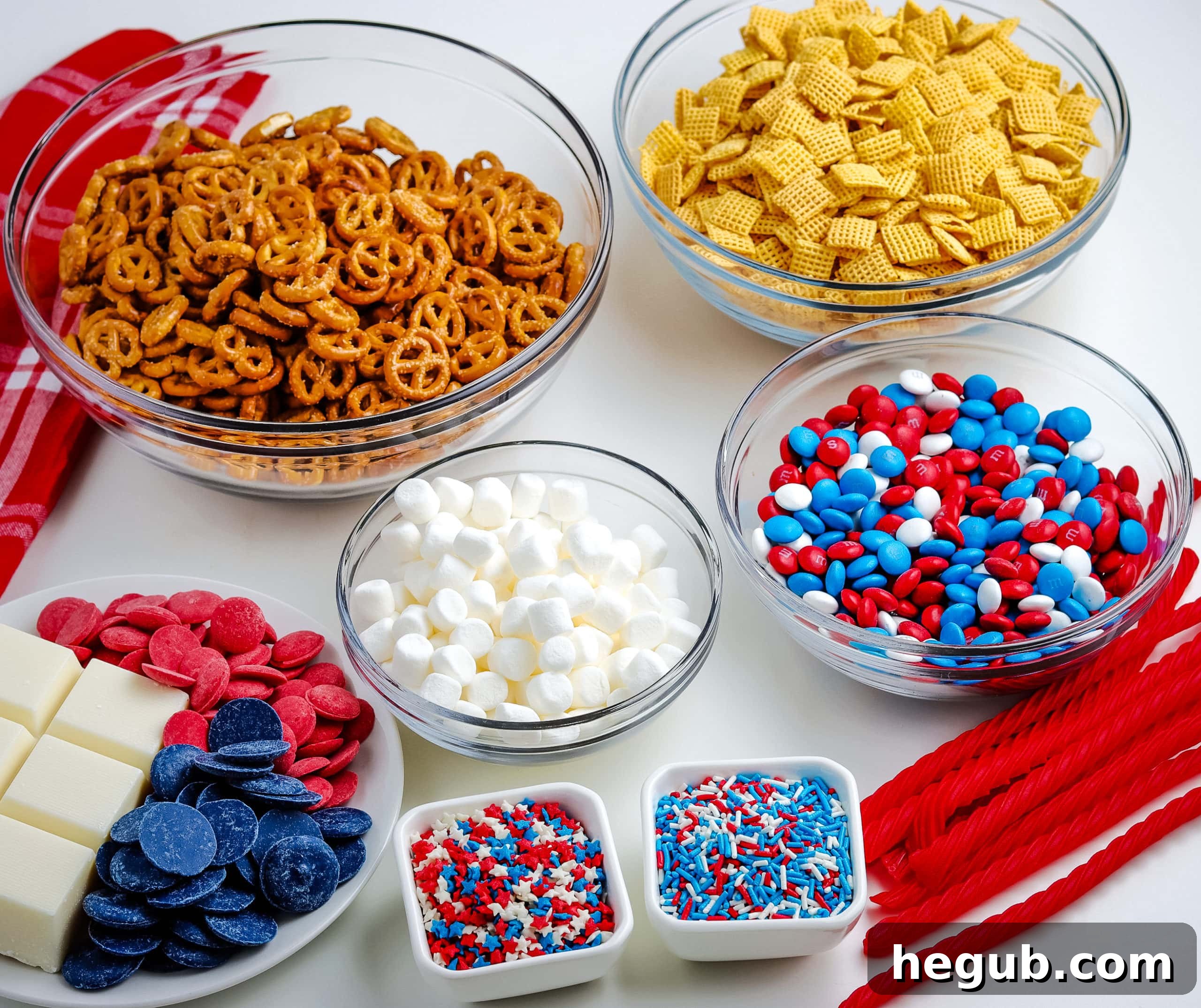 Patriotic Snack Mix made with gluten-free ingredients like pretzels and candies