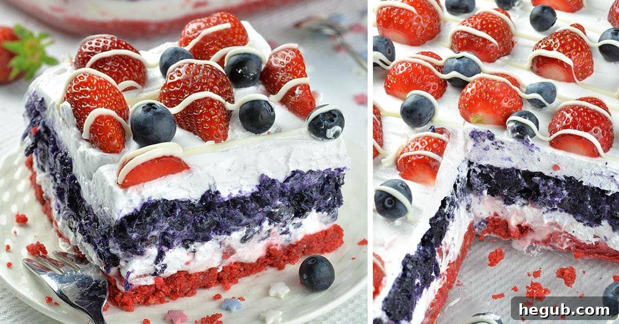 Slice of No Bake Summer Berry Lasagna with layers of cream and berries