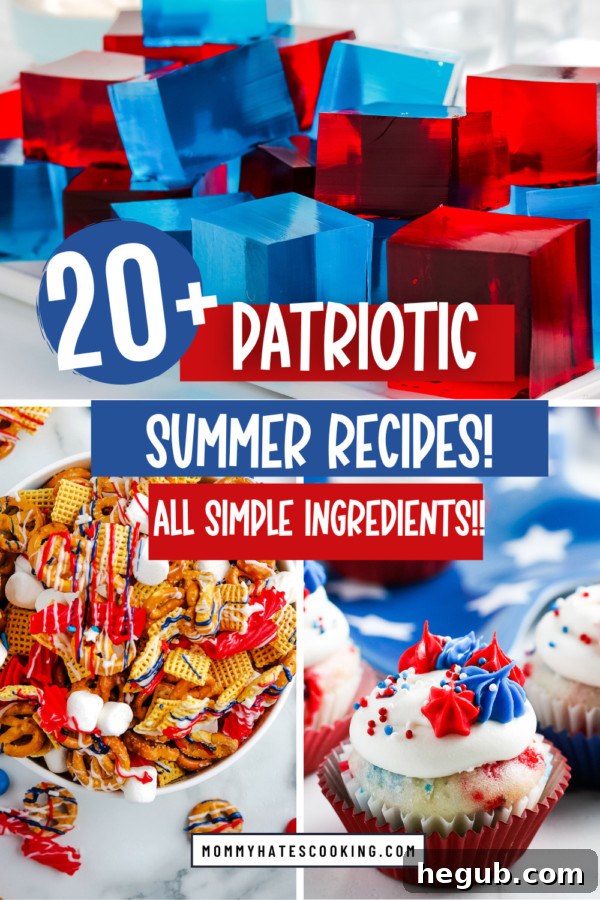 Table spread with various patriotic foods and desserts for a summer party