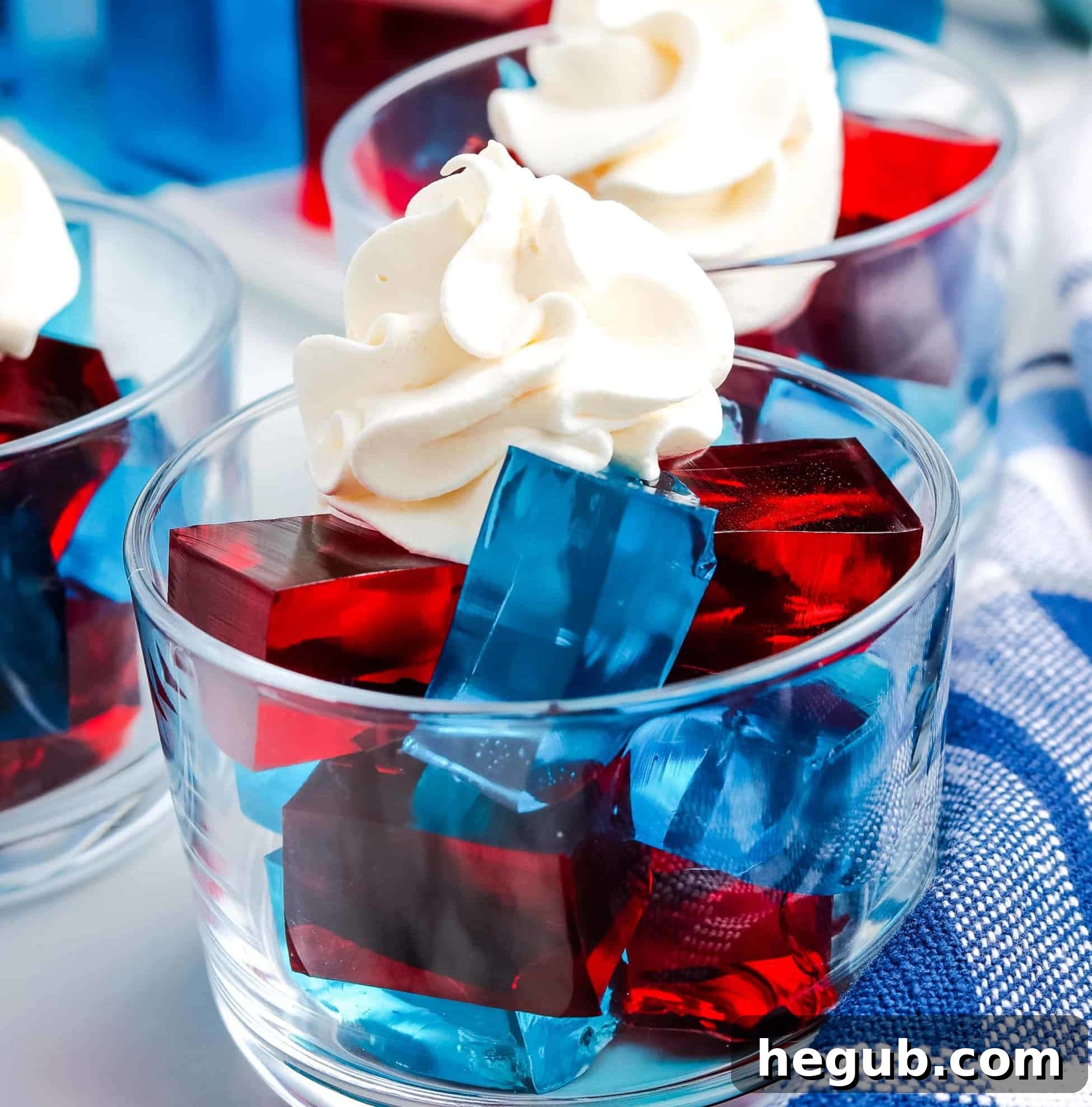 Colorful Patriotic Jello Jigglers in red, white, and blue layers