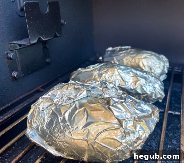 Close-up of smoked baked potatoes ready for toppings