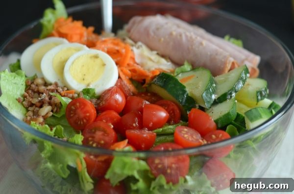 close-up of chef salad with rolled deli meats