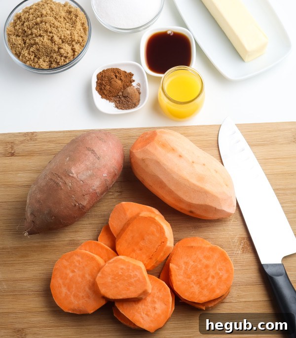Peeled and sliced yams or sweet potatoes ready for baking