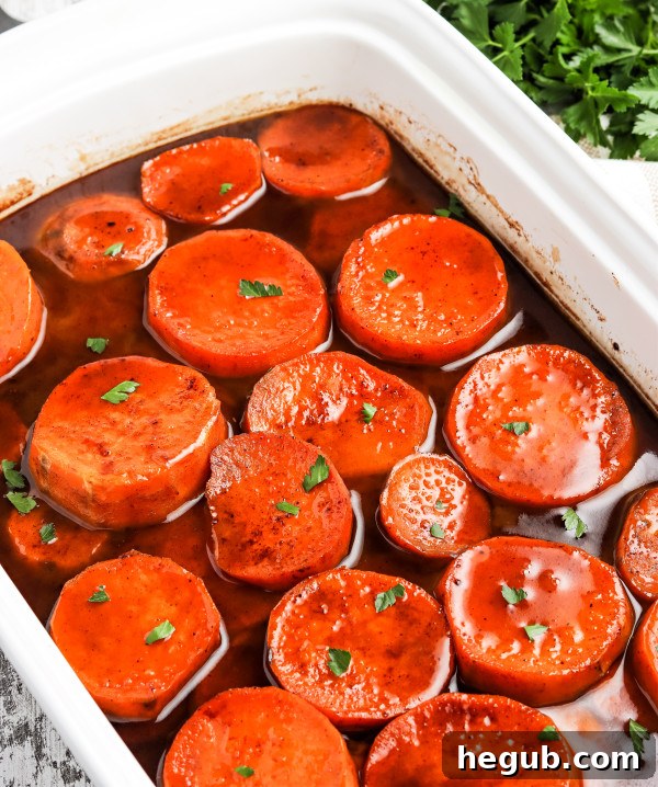 Baked candied yams freshly out of the oven, ready to serve