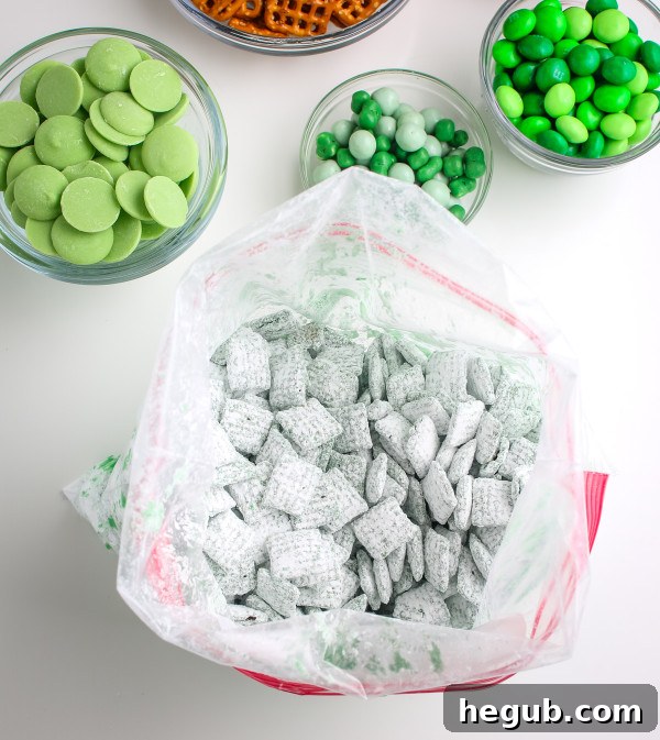 grinch snack mix with powdered sugar