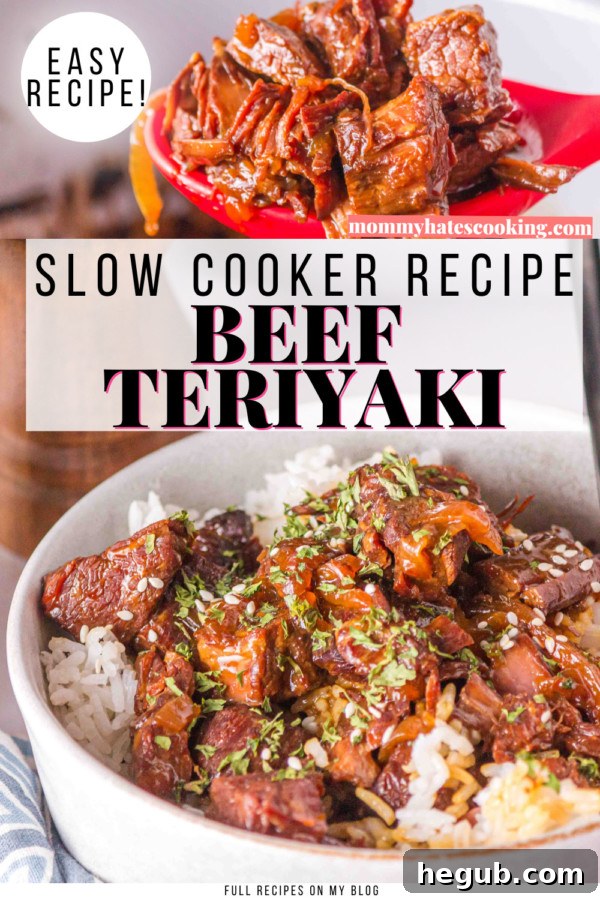 Pin graphic for Crockpot Beef Teriyaki recipe