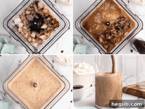 Ingredients for frozen mocha coffee laid out before blending: coffee, milk, chocolate syrup, ice, and vanilla.