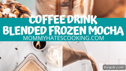 A Pinterest-optimized image for Frozen Mocha Coffee, featuring a glass of the drink with toppings.