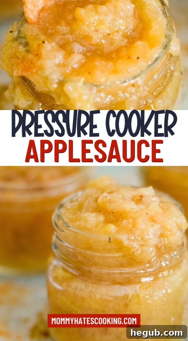 Pinterest graphic featuring homemade pressure cooker applesauce in jars, with text overlay for the recipe.